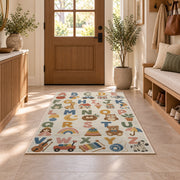 pastel alphabet objects rug displayed in a entryway beside a wooden door