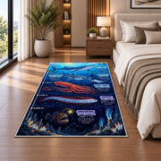 giant squid deep ocean rug displayed in a bedroom beside the bed