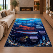 giant squid deep ocean rug displayed in a living room with a fireplace