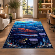 giant squid deep ocean rug displayed in a lounge with wooden shelves