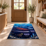 giant squid deep ocean rug displayed in a entryway beside a wooden door