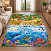 layered wildlife habitat learning chart rug displayed in a sunlit lounge beside a sofa