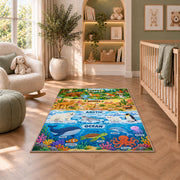 layered wildlife habitat learning chart rug displayed in a nursery beside an upholstered chair