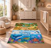 layered wildlife habitat learning chart rug displayed in a nursery beside a crib