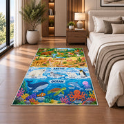 layered wildlife habitat learning chart rug displayed in a bedroom beside the bed