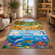 layered wildlife habitat learning chart rug displayed in a lounge with wooden shelves