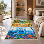 layered wildlife habitat learning chart rug displayed in a bedroom in sunlight