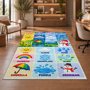 weather vocabulary icons rug displayed in a living room with wooden shelves