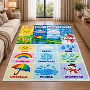 weather vocabulary icons rug displayed in a sunlit lounge beside a sofa