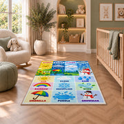 weather vocabulary icons rug displayed in a nursery beside an upholstered chair