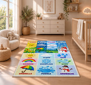 weather vocabulary icons rug displayed in a nursery beside a crib