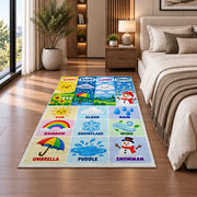 weather vocabulary icons rug displayed in a bedroom beside the bed