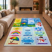 weather vocabulary icons rug displayed in a living room with a fireplace