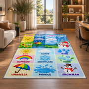 weather vocabulary icons rug displayed in a lounge with wooden shelves