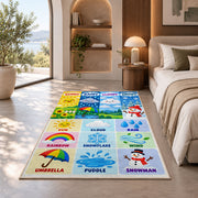 weather vocabulary icons rug displayed in a bedroom in sunlight