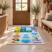 weather vocabulary icons rug displayed in a entryway beside a wooden door
