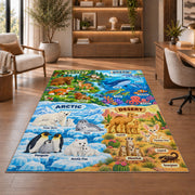 colorful animal environment learning map rug displayed in a living room with wooden shelves