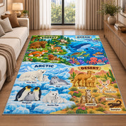 colorful animal environment learning map rug displayed in a sunlit lounge beside a sofa