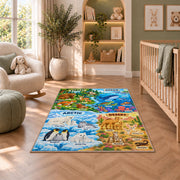 colorful animal environment learning map rug displayed in a nursery beside an upholstered chair