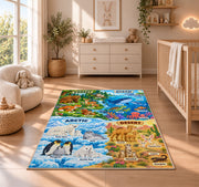 colorful animal environment learning map rug displayed in a nursery beside a crib