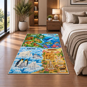 colorful animal environment learning map rug displayed in a bedroom beside the bed
