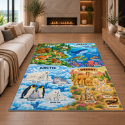 colorful animal environment learning map rug displayed in a living room with a fireplace
