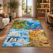 colorful animal environment learning map rug displayed in a lounge with wooden shelves