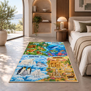 colorful animal environment learning map rug displayed in a bedroom in sunlight