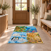 colorful animal environment learning map rug displayed in a entryway beside a wooden door