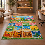 days and months seasonal learning rug displayed in a living room with wooden shelves