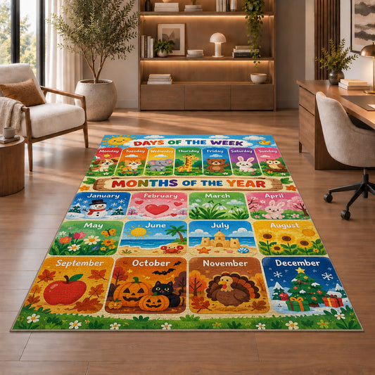 days and months seasonal learning rug displayed in a living room with wooden shelves