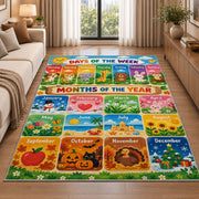 days and months seasonal learning rug displayed in a sunlit lounge beside a sofa
