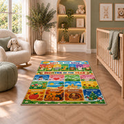 days and months seasonal learning rug displayed in a nursery beside an upholstered chair