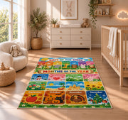 days and months seasonal learning rug displayed in a nursery beside a crib