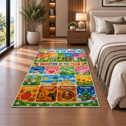 days and months seasonal learning rug displayed in a bedroom beside the bed