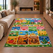 days and months seasonal learning rug displayed in a living room with a fireplace