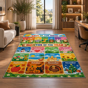 days and months seasonal learning rug displayed in a lounge with wooden shelves