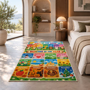 days and months seasonal learning rug displayed in a bedroom in sunlight