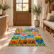 days and months seasonal learning rug displayed in a entryway beside a wooden door