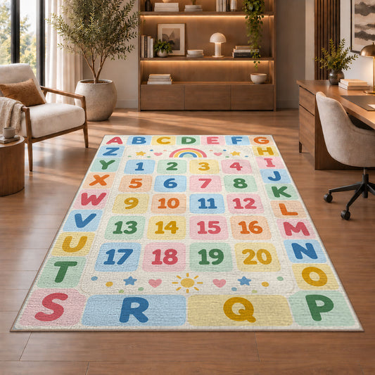 pastel alphabet number grid rug displayed in a living room with wooden shelves