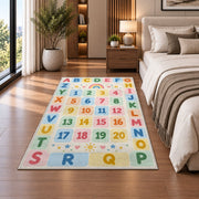 pastel alphabet number grid rug displayed in a bedroom beside the bed