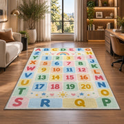 pastel alphabet number grid rug displayed in a lounge with wooden shelves