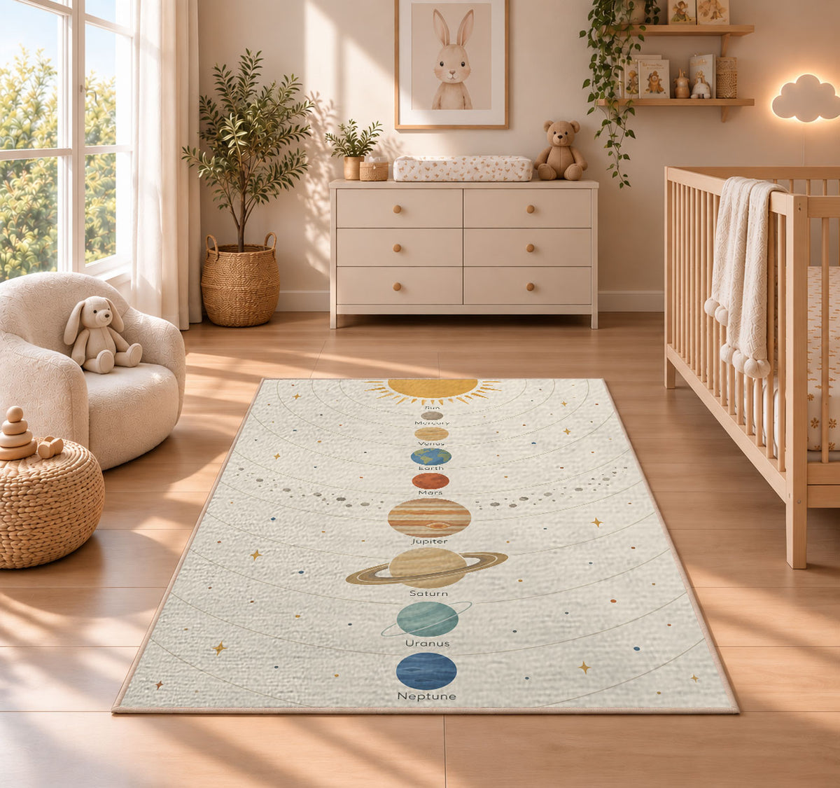 pastel planet orbit learning rug displayed in a nursery beside a crib