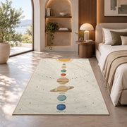 pastel planet orbit learning rug displayed in a bedroom in sunlight
