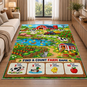 farm find and count activity rug displayed in a sunlit lounge beside a sofa