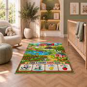 farm find and count activity rug displayed in a nursery beside an upholstered chair