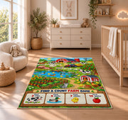 farm find and count activity rug displayed in a nursery beside a crib