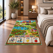 farm find and count activity rug displayed in a bedroom beside the bed