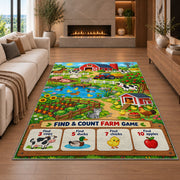 farm find and count activity rug displayed in a living room with a fireplace