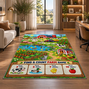farm find and count activity rug displayed in a lounge with wooden shelves